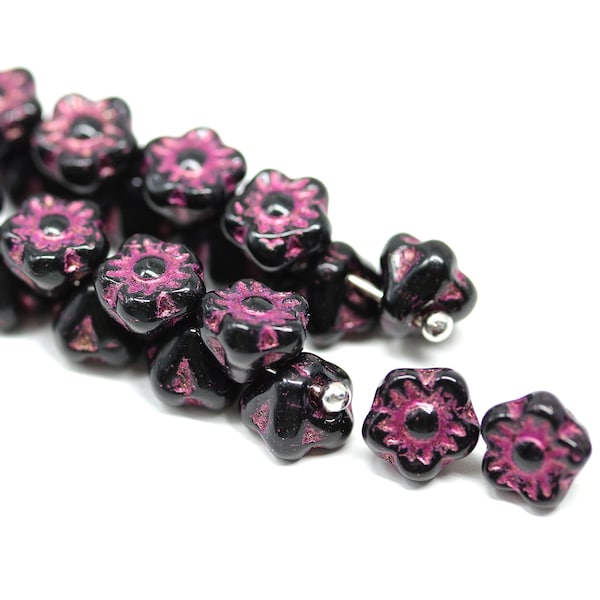 25pc Button style flower beads Black buttons dark pink Czech glass floral beads 7mm - 3419