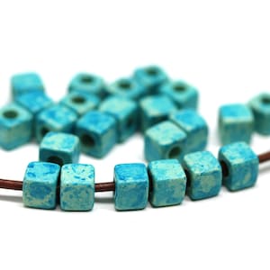 5mm Teal ceramic cube beads for leather cord, 2mm hole square beads 25pc - 3199