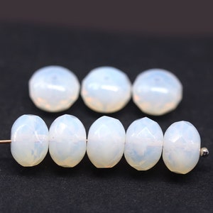 7x11mm Opal white fire polished puffy rondelle Czech glass beads large rondels 8pc - 3962