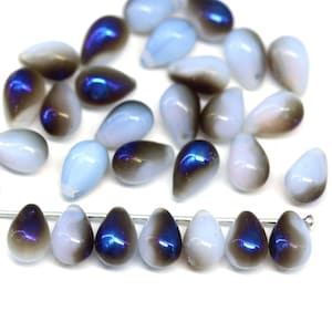 Opal Blue Czech Glass Teardrop Beads with Metallic Luster (30pc)