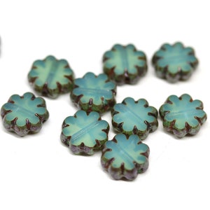 9mm Opal sea green flower czech glass beads with picasso finish, flat daisy table cut fire polished beads 10pc 1531 image 1