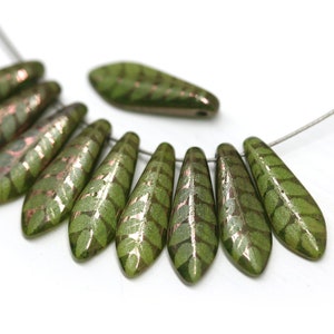5x16mm Olive green Leaf ornament dagger czech glass beads Green leaf long tongue beads 10pc 2118 image 1
