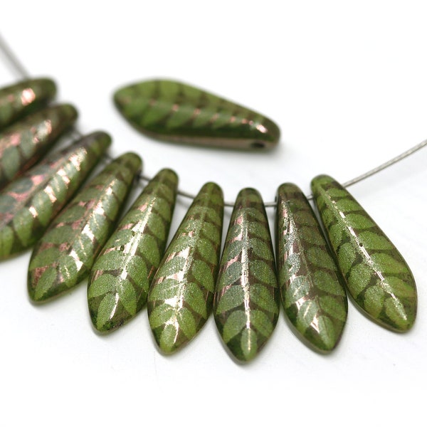 5x16mm Vert olive Feuille ornement poignard tchèque perles de verre feuille verte longue langue perles 10pc - 2118