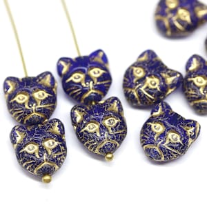 Dark blue cat beads Gold wash Czech glass animal beads kitty feline 10pc - 1174