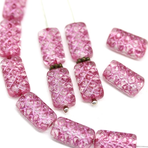 13x7mm Pink ornament rectangle pillow czech glass beads, 12pc - 0915