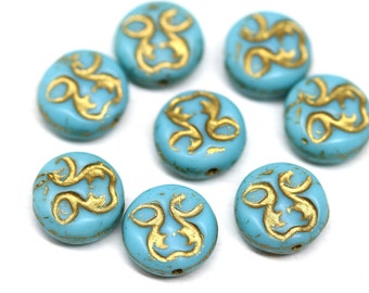 8pc Moon face beads Turquoise blue celestial beads Gold wash Czech glass tablet beads 10mm - 2962