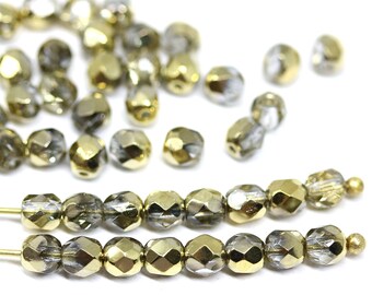 4 mm gouden Tsjechische glaskralen, kristalheldere gouden coating, gepolijste afstandhouders, 50 stuks - 0723