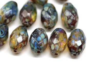 12x8mm Picasso barrel Czech glass fire polished oval beads purple yellow blue 6Pc - 5568