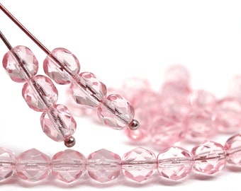 6mm Light rose pink Czech glass round cut beads pink fire polished spacers, 30pc - 4028