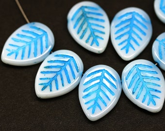 10pc White blue side drilled leaf beads white glass leaves czech beads 12x16mm - 5204