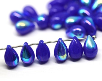 Navy blue drops 6x9mm czech glass teardrop beads AB finish, 20pc - 0287