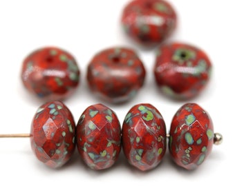 7x11mm Red fire polished rondelle Picasso Czech glass large rondel beads, 6pc - 5105