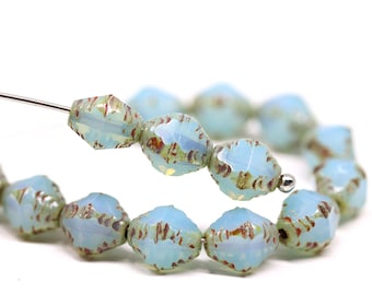 15 contas de vidro tcheco picasso bicone azul opala, polidas ao fogo, bicones de 8 x 6 mm - 3227