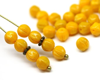 6mm Yellow round Czech glass melon shape beads for jewelry making 30pc - 3130