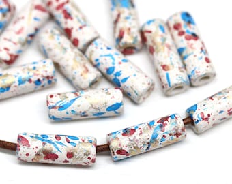 17mm White ceramic tube beads, golden wash long greek ceramic beads for leather cord 2.5mm hole, 15pc - 3156