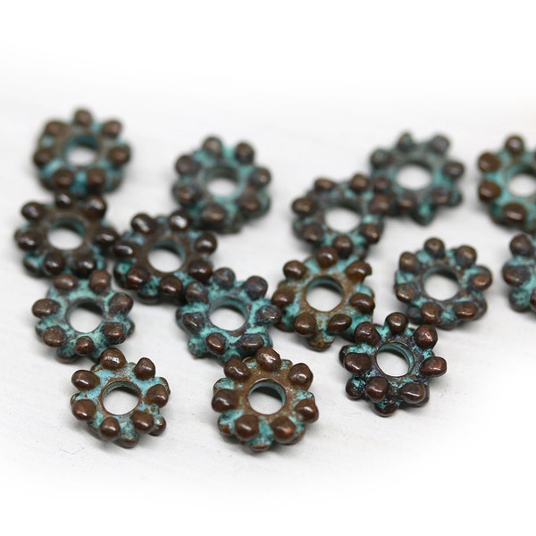 7mm Verdigris patina daisy spacers Copper rondelle metal casting beads 15pc - F325