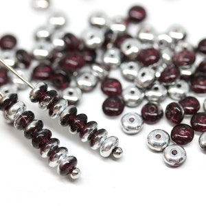 Dark Purple Czech Glass Rondelle Beads with Silver Luster (4mm, 100pc)