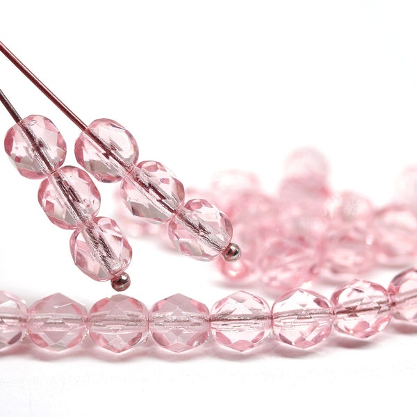 6mm Light rose pink Czech glass round cut beads pink fire polished spacers, 30pc - 4028