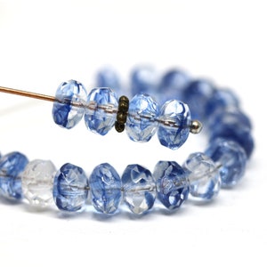 Czech Glass Rondelle Beads: Crystal Clear Blue, Faceted Gemstone Cut (25pc)