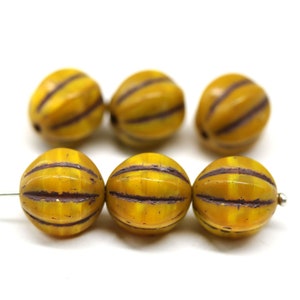 12mm Round ocher yellow czech glass beads melon druk, 6Pc - 5329
