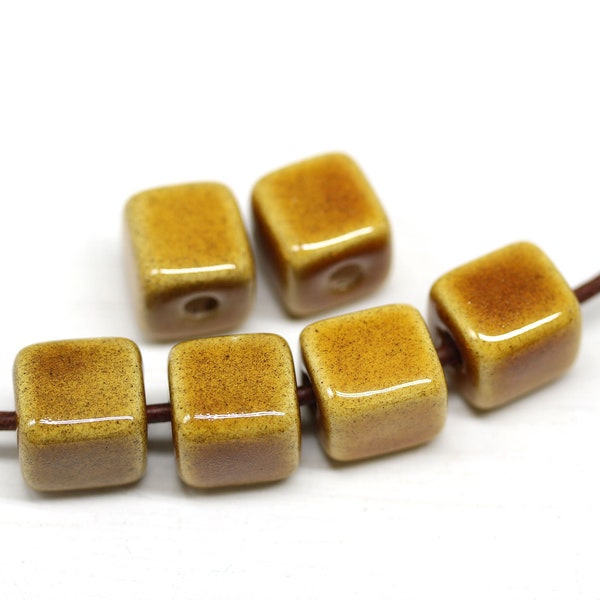 10mm Dark yellow ceramic cube beads for leather cord Ocher yellow  beads 2mm hole, 6pc - 3494