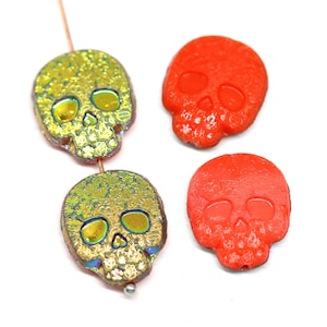4pc Red skull beads Halloween Metallic Czech glass beads AB finish skeleton - 0339