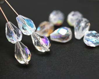 Small Czech Glass Faceted Thru Cut Teardrop Drop Bead Red Nebula 20 Beads Item 5837 8 x 6 mm