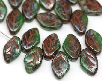 12x7mm Green brown leaf beads Picasso Czech glass beads green pressed leaves top drilled 30Pc - 2663