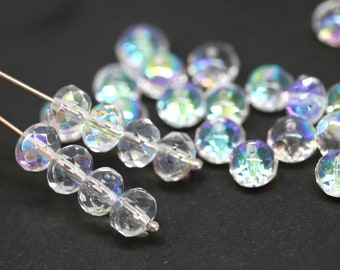 5x7mm Crystal clear Czech glass rondelle beads spacers, AB finish, Rondel gemstone cut fire polished faceted beads 25pc - 2781
