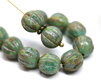 8mm Picasso green round beads Melon shape Czech glass carved beads spacers 15pc - 3519