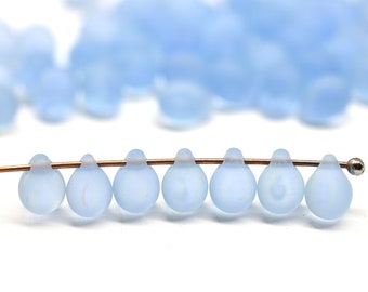 5x7mm Frosted light blue small glass teardrops Seaglass blue Czech top drilled drop beads, 50pc - 2095