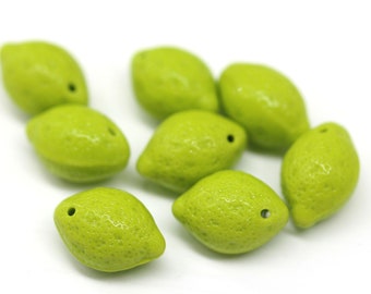 Lemon beads Czech glass green lime fruit beads Vegan jewelry 14x10mm, 8pc - 3641