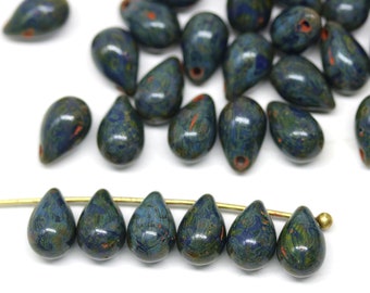 6x9mm Picasso dark blue czech glass teardrop beads, pressed drop top drilled beads 40pc - 3218