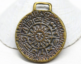 Antique brass zodiac pendant bead Horoscope astrology large focal bead, 1pc - 3204