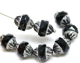 8pc Black turbine beads Silver ends Czech glass fire polished bicone faceted beads 11x10mm - 3417