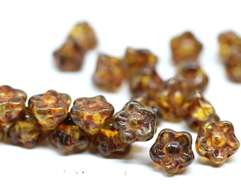 25pc Picasso czech button style flower beads Rustic brown Czech glass floral beads 7mm - 0857