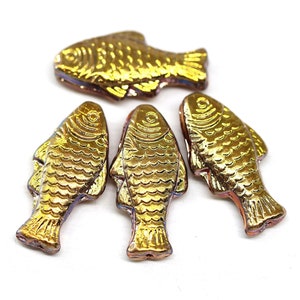Golden fish beads Czech glass large fish 25x12mm Nautical jewelry making, 4Pc - 3521