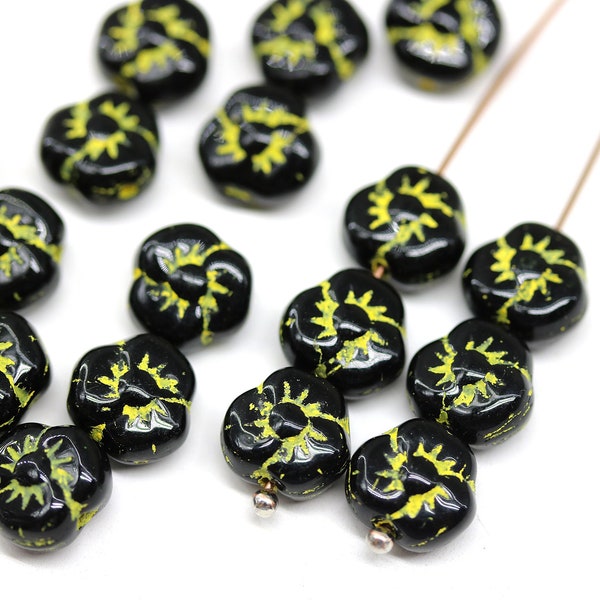 Black puffy flower 9mm czech glass flower yellow wash daisy floral bead, 20Pc - 2519