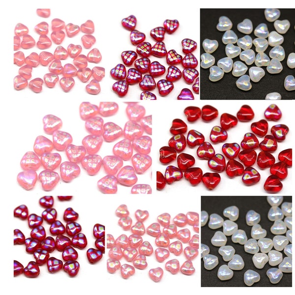 6mm heart beads Czech glass red heart beads, opal pink small heart, AB finish ornament, 30pc