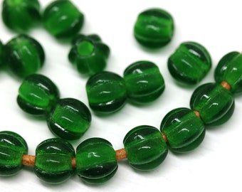 2.5mm hole Dark green 8mm czech glass round melon shape beads for leather cord, large hole beads 20pc - 3107