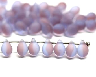 Frosted purple glass teardrops Seaglass blue purple 5x7mm Czech top drilled drop beads, 50pc - 2690