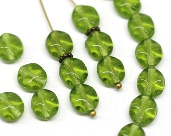Olive green wavy oval czech beads 9x8mm olivine pressed glass beads 20Pc - 3367