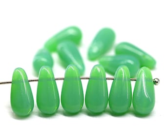 6x13mm Opal green glass drops Czech teardrop beads apple green long drops, 15pc - 0122