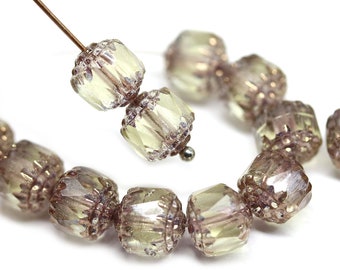 8mm Pale yellow cathedral czech glass beads, copper ends, fire polished faceted ball beads 10Pc - 5211