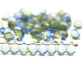 5x7mm Light blue yellow teardrops, czech glass top drilled pale blue drop beads, 50pc - 5148