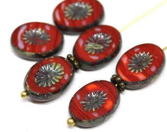 6pc Red picasso czech oval beads Flat fire polished glass beads 14x10mm - 3528