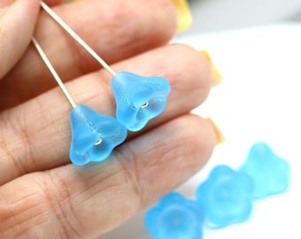 Frosted blue trumpet flower beads 11x13mm Czech seaglass blue bell cap puffy flower 6Pc - 5424