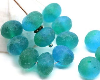 7x11mm Frosted blue green fire polished rondelle seaglass Czech glass beads large rondels 8pc - 3081