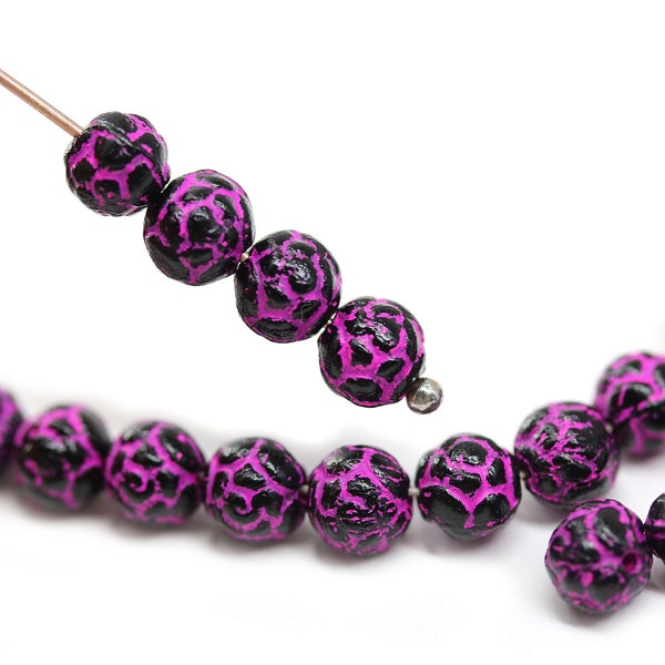 5mm Black rose bud beads black pink rose flower round Czech glass beads double sided puffy rose, 50pc - 5024