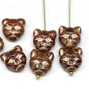 Brown cat beads, Copper wash czech glass feline kitty beads 10pc - 3215